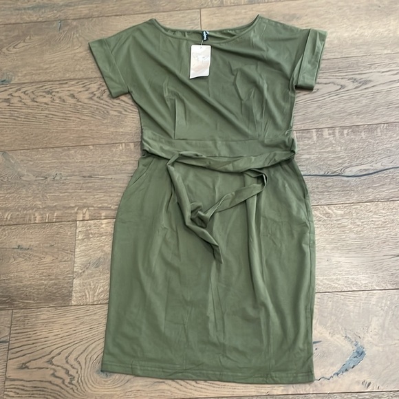 NWT Olive Green Casual Stretch Cotton Front Tie Dress Small - Picture 2 of 2